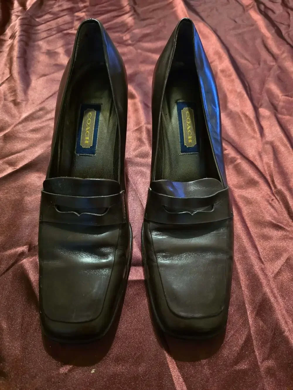 Coach Women's Brown Leather Penny Loafer Block Heel Pumps, Made in Italy